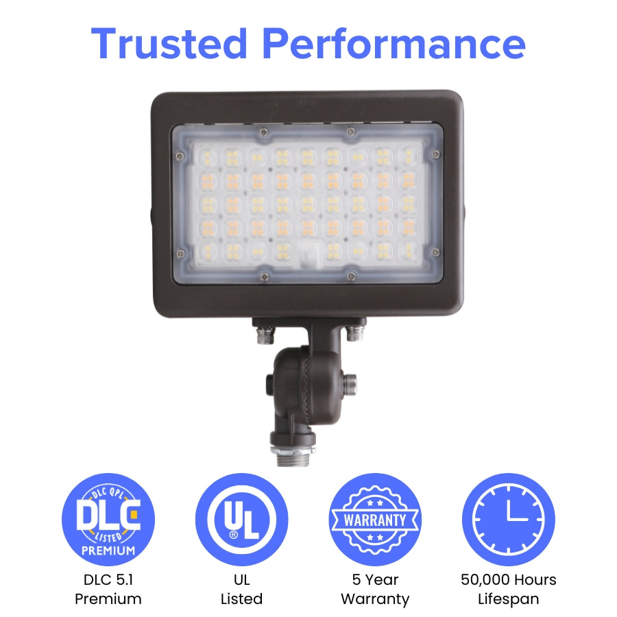 LED flood light with UL and DLC certification, 5 year warranty and 50000 hour lifespan