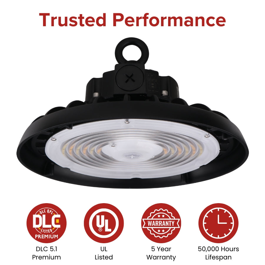 UL Listed and DLC Premium certified UFO LED high bay light with a 50,000-hour rated lifespan and 5-year manufacturer warranty.