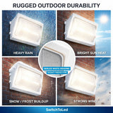 Outdoor light fixture with durability features tested against rain, sun heat, snow, and wind.