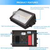 80W LED Emergency Wall Pack with labeled features on a blue background