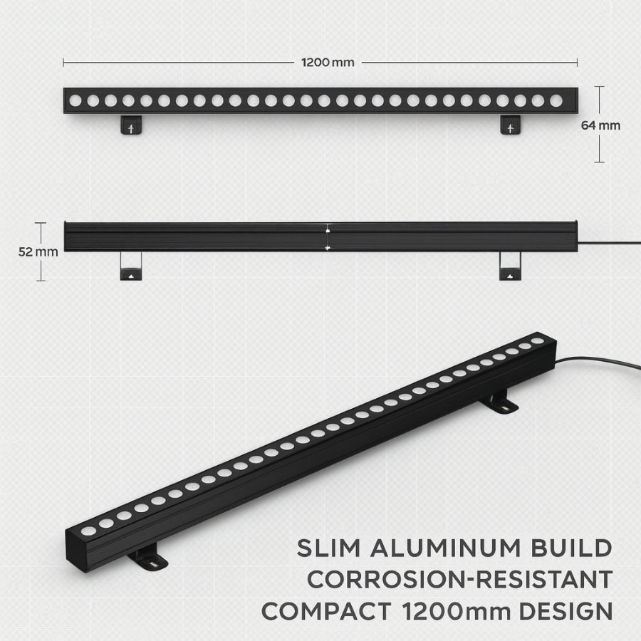 Slim aluminum wall washer led rgb​
 with dimensions on a white background