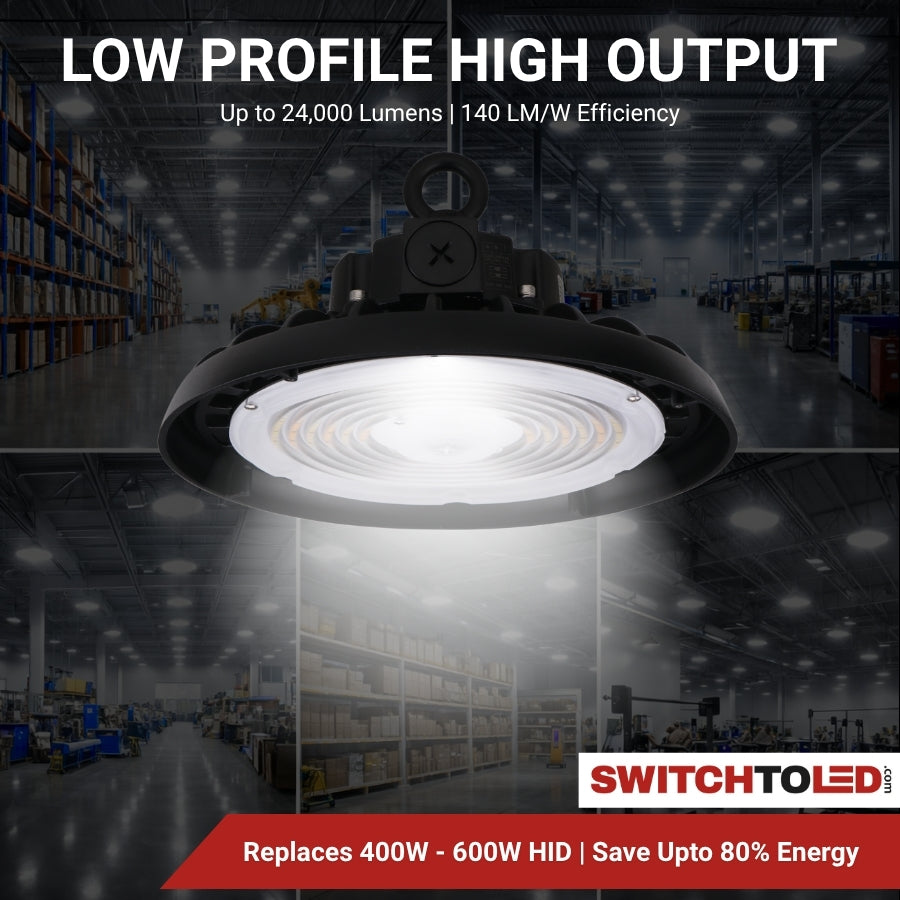 High-performance LED high bay lighting solution for warehouses and factories replacing traditional metal halide fixtures while reducing energy costs.