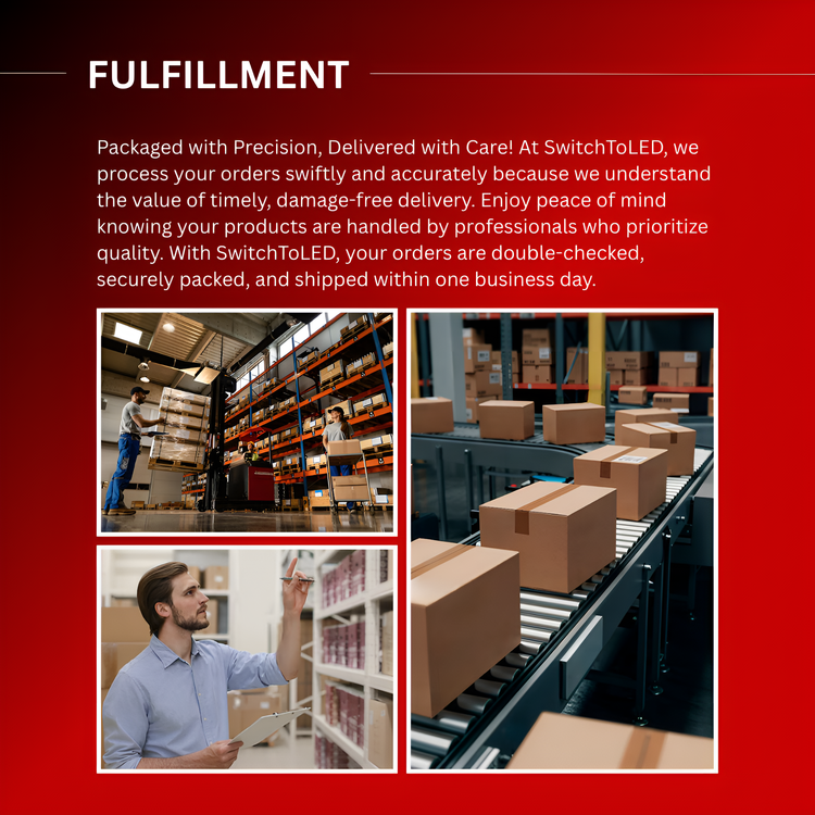 Advertisement for SwitchToLED fulfillment services with warehouse images and text.