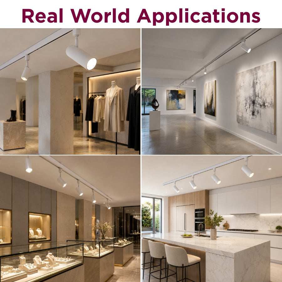 White LED track lighting installed in clothing stores, art galleries, jewelry shops, and modern residential kitchens.