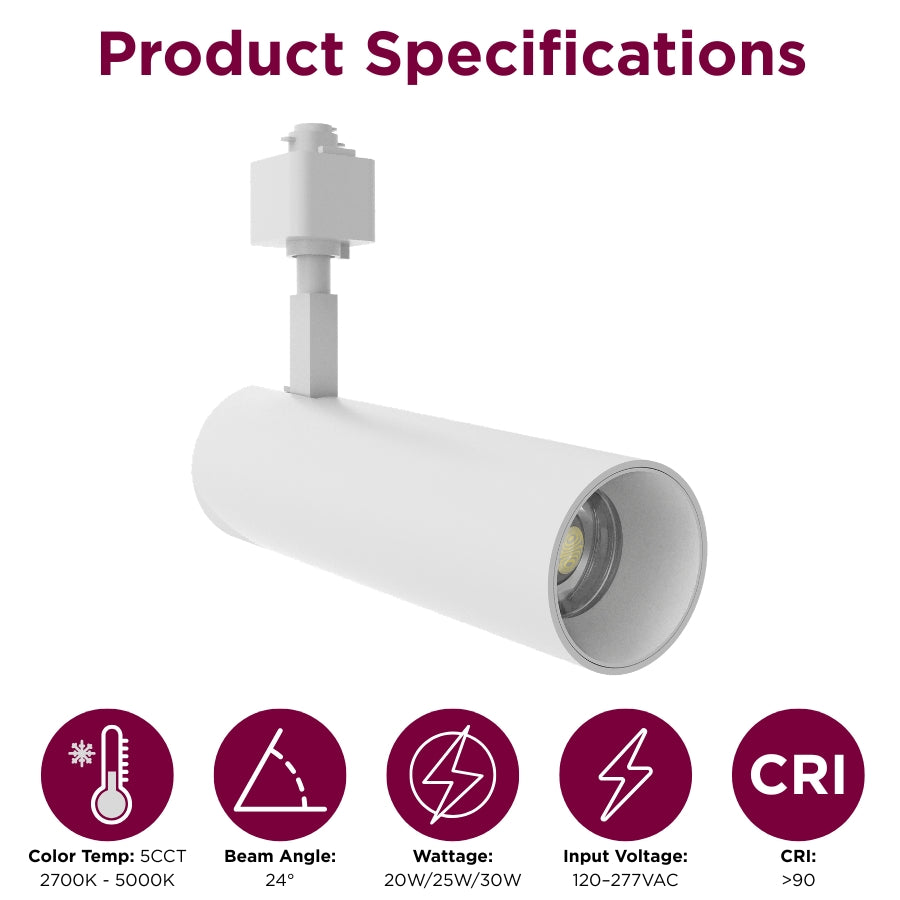 White LED track spotlight specifications with selectable 20W, 25W, 30W power, 5CCT color temperature, 24° beam angle, CRI 90+, and 120-277V input.