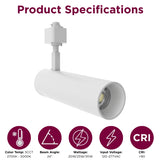 White LED track spotlight specifications with selectable 20W, 25W, 30W power, 5CCT color temperature, 24° beam angle, CRI 90+, and 120-277V input.