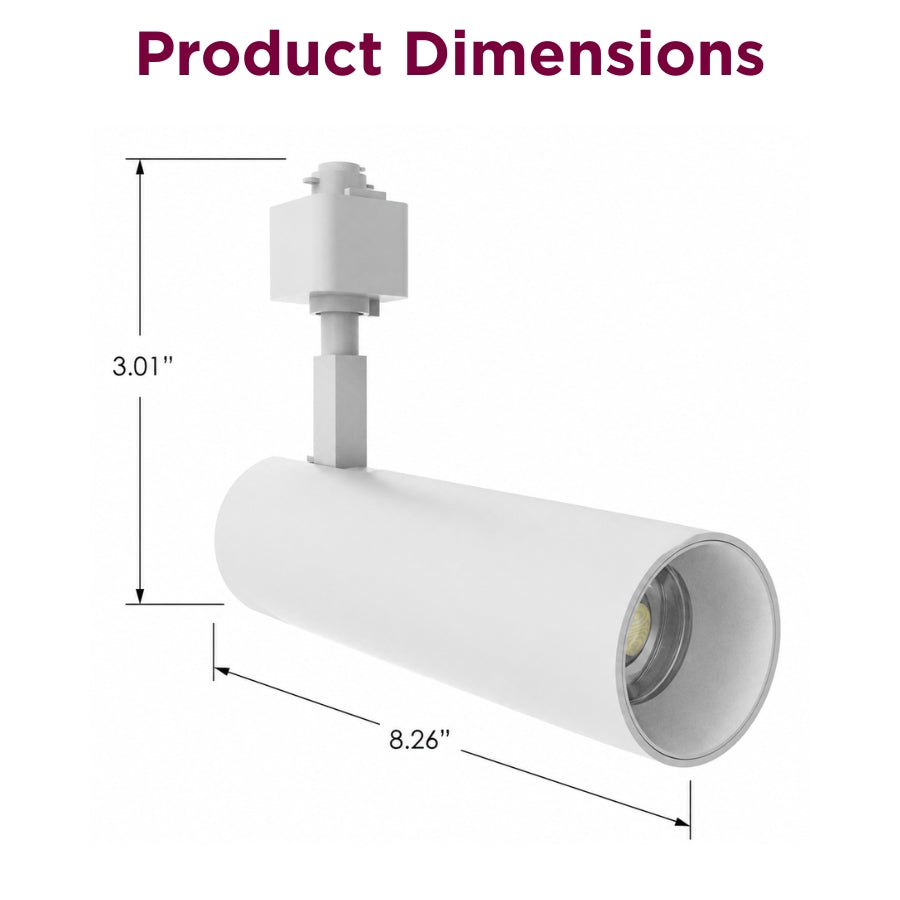 Dimensions of the white LED track light measuring 8.26 inches long and 3.01 inches high.