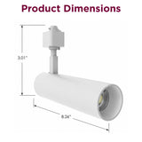 Dimensions of the white LED track light measuring 8.26 inches long and 3.01 inches high.
