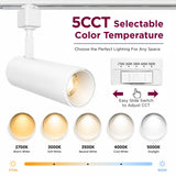 White LED track light with selectable 2700K, 3000K, 3500K, 4000K, and 5000K color temperatures using an integrated slide switch.